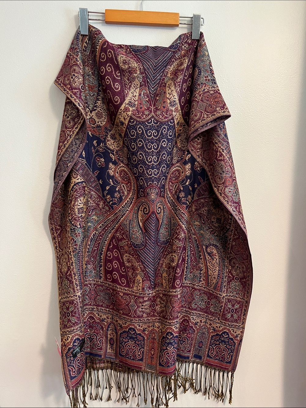 pashmina Paisley Fringed Wrap in Navy, Burgundy, Gold